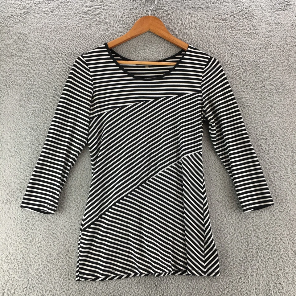 Camiseta Essentials By Milano Assimétrica a Rayas para Mujer Pequeña Negra Blanca Informal Foto 1 de 4