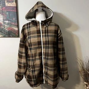 Vtg 90s Women Rain Reversible Plaid Brown Tan Fleece Rain Hoodie jacket Size XL - Picture 1 of 14