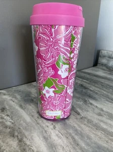 Lilly Pulitzer Travel Cup Insulated 16 oz. Floral Aqua Pink Excellent! - Picture 1 of 6