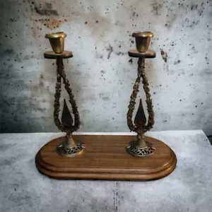 Wainberg Brutalista Ebraico Ebraico Judaica Doppio Ottone Candela Sabato Base Legno - Foto 1 di 12