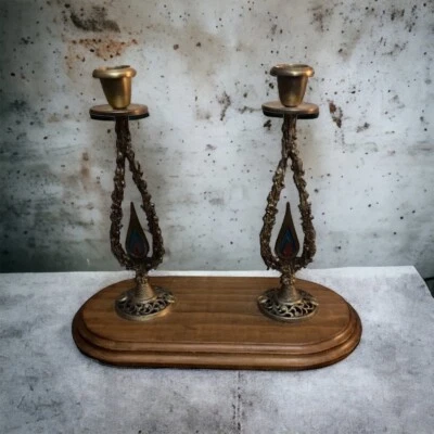 Wainberg  Brutalist Jewish Hebrew Judaica Double Brass Sabbath Candle Wood Base - Image 1 of 4