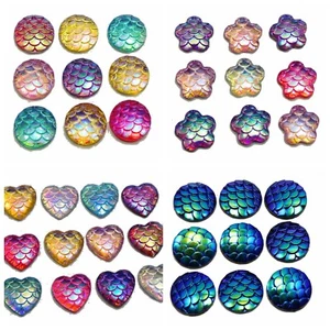 100Pcs Flatback Resin Fish Scale Pattern Cabochon 12mm Round Heart Flower Choice - Picture 1 of 13