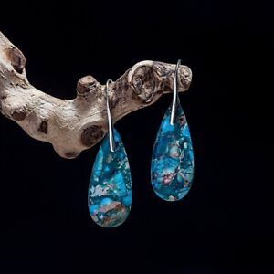 Blue Sea Sediment Jasper Teardrop Dangle Earrings Blue Gemstone Drop Earrings