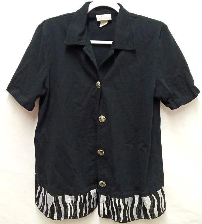 Fine Line 2X Top Negro Botón Abajo Animal Print Hombro Acolchado Manga Corta Foto 1 de 4