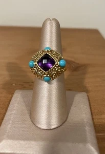 14K Yellow Gold Amethyst Turquoise Etruscan Ring Size 7 - Picture 1 of 9
