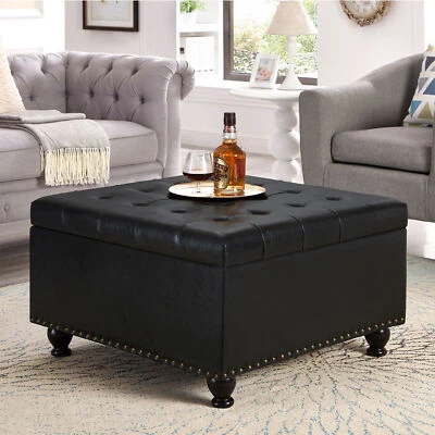 Large Square Upholstered Storage Ottoman Coffee Table for Living Space - Image 1 of 4