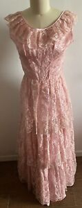 Vintage All Lace Dress Pink Layers Silver Metallic Thread Lined Prom M/10