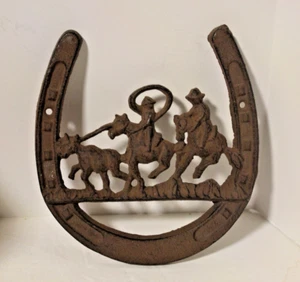 Cast Iron Horseshoe Cowboy on Horses Hanging Wall Decor - Picture 1 of 3