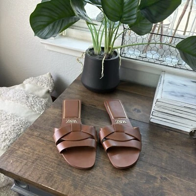 Zara Flat/Slides Brown Faux Leather Sandals  Size 39, 9US - Image 1 of 4