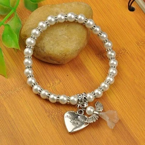 Pearl Beads Bracelet with Angel & Love Heart Pendant + Gift Pouch(JB00726) - Picture 1 of 5