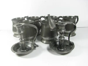 Job Lot of Antique Pewter Mugs x 6 and a pair of Candlesticks - Picture 1 of 12