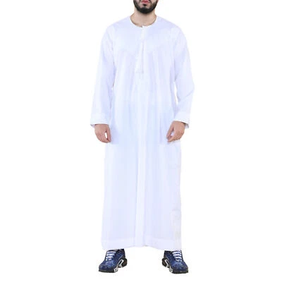 Hombre Blanco Thobe Jubba Saudi Islámico Árabe Eid Emirati Caftán Borla Bata - Imagen 1 de 4