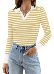 New MEROKEETY Womens 2024 Long Sleeve Striped T Shirts Polo V Neck Size Large - Picture 1 of 2
