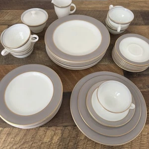 Vintage PYREX Dinnerware Set (34) Dishes Plates Cups Saucers White Gold Rim Rare - Picture 1 of 15