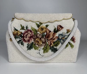 Bolso de Noche Vintage Años 50 Floral Pequeño Punto y Marfil Pavé Con Cuentas Enmarcado - Imagen 1 de 14