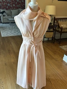 1960-1970er Allison Ayres Gr. 10 babyrosa V-Ausschnitt Knopfleiste Midikleid Schal - Bild 1 von 11