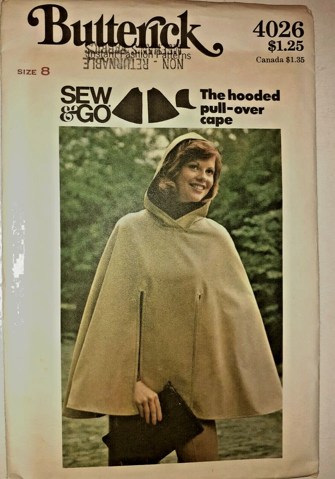 Butterick 4026 Cape Hooded Poncho Pullover Sewing Pattern Ladies 8 S VTG UC Sew - Image 1 of 4