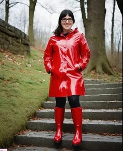 RED PVC Vinyl Hoodie womens Shinny long Coat Waterproof Winters Jacket - Picture 1 of 3