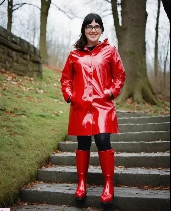 RED PVC Vinyl Hoodie womens Shinny long Coat Waterproof Winters Jacket - Image 1 of 3