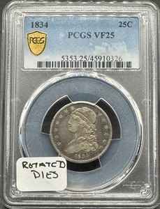 1834 CAPPED BUST SILVER QUARTER REVERSE ROTATED DIE PCGS VF25 10XXB25 - Picture 1 of 4