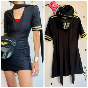 Black & Gold Sexy Pilot Flight Attendant Halloween Costume | Includes Hat | M - Picture 1 of 9