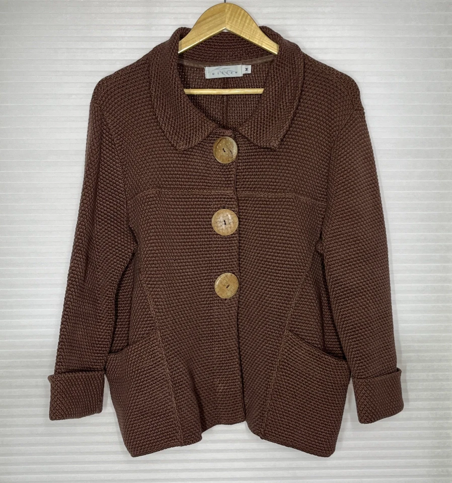 Cárdigan Suéter Willow M Marrón Tejido Pesado Algodón Boho Lagenlook Botones de Madera Foto 1 de 4