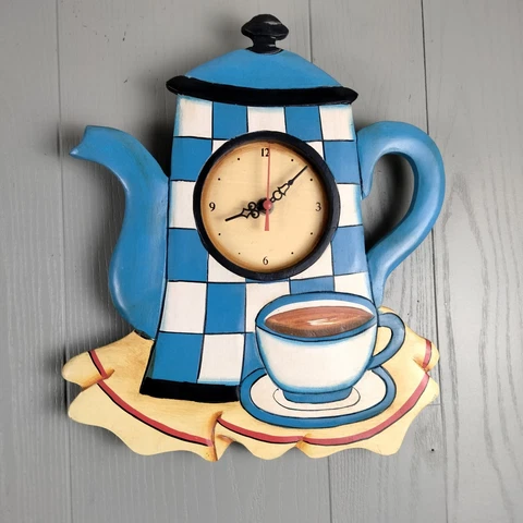 Vintage Wooden Kitchen Clock Coffeepot Blue 80s 90s Wall Hanging Cover