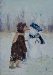 art print giclee side view of boy & snowman with carrot nose in winter landscape - Picture 1 of 15