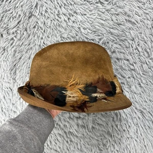 Vintage Hush Puppies Fedora Hut Herren S braun Wildleder Feder Bucket Classic 70er - Bild 1 von 6