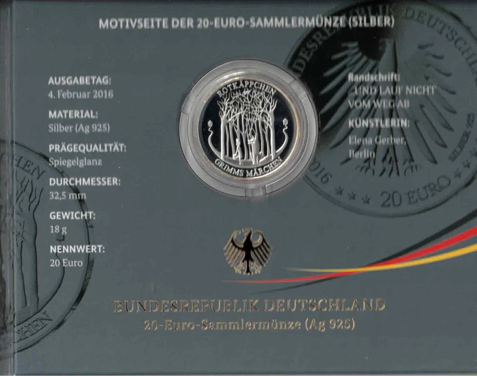 20-Euro-Gedenkmünze 2016 "Rotkäppchen (Grimms Märchen)" in Spiegelglanz - Bild 1 von 1