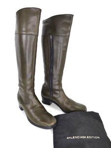 Balenciaga Boots Vintage Tall Olive Green Leather Square Toe Low Block Heel 3.5 - Picture 1 of 18
