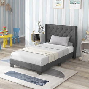 Twin Size Upholstered Platform Bed Tufted Headboard Mattress Foundation Grey - Picture 1 of 10