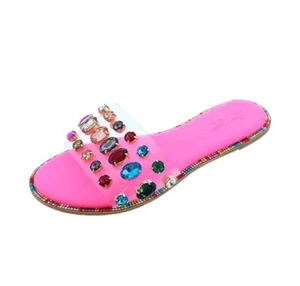 Liliana Pink Honnay-2 Pink Clear Rhinestone Gem Slip On Slide Mule Flat Sandals - Picture 1 of 6