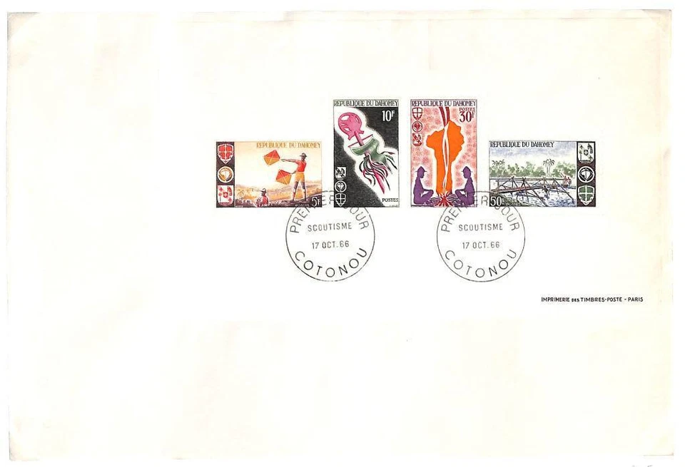 DAHOMEY BOY SCOUTS SCOTT #225a S/S MINIATURE SHEET OF 4 STAMPS ON FDC 1966 - Image 1 of 1