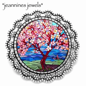 Cherry Blossom Tree Brooch Faux Stained Glass Art Silver Pin Spring Easter Gift - Picture 1 of 14