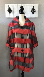 Damee, Inc Mid Length Swing Jacket Sheer See Through Red & Blavck Stripe Sz S - Picture 1 of 8