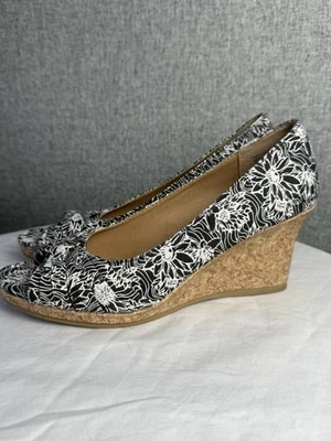 Dexflex Comfort Mujer Negro Blanco Floral Lona Peep Toe Corcho Cuñas Talla 7.5 Foto 1 de 4