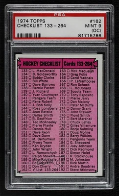 1974-75 Topps Checklist Checklist Cards 133-264 #162 PSA 9 MINT (OC) - Image 1 of 2