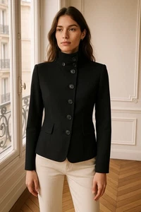 Blazer Akris Mujer Talla 8 Negro Cuello Alto Abotonado Frontal Chaqueta Mezcla Lana - Imagen 1 de 11