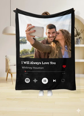 Custom Name & Music with Photo Velveteen Plush Soft Blanket Gift Home Decor Gift - Image 1 of 4