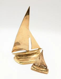 Brass Ship Bookend and Small Boat Figurine Nautical Bookshelf Decor Brass Boats - Picture 1 of 8