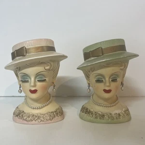 Set aus 2 Vintage Lee Wards exklusiven Japan Damenhut & Kunstperlen Kopf Vasen GRN/PNK - Bild 1 von 15