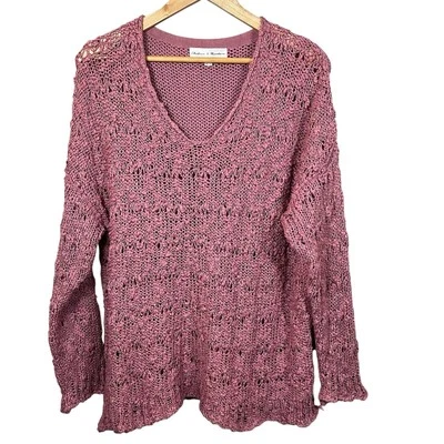 Chelsea & Theodore Sweater Women’s Size L Pink Pullover V-Neck Open Knit - Image 1 of 4