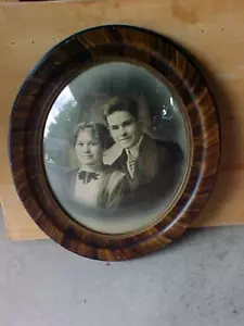 antique oval gesso tiger oak wood bubble glass picture frame 22x18 inch - Picture 1 of 13
