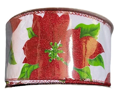Poinsettia Glitz Wired Ribbon, 2.5” x 20Yd Christmas Holiday Decor Wreath Gift - Image 1 of 3