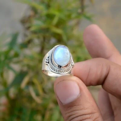 Moonstone Gemstone Ring Handmade 925 Sterling Silver Valentine's Day Gift Ring - Image 1 of 4