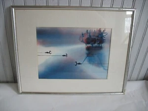 Datiert 1978 signiert (Joan) Milligan NC Aquarell Gemälde DAYBREAK Vögel Wasser  - Bild 1 von 8