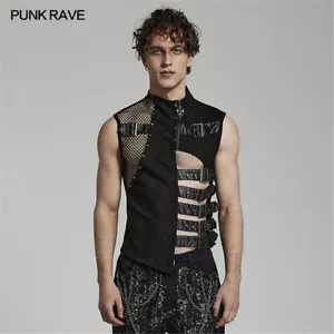 Punk Rave Men's Irregular Pu Splicing Hollow Out Mesh Waistcoat Sleeveless Vest - Picture 1 of 21