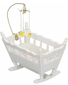 Dollhouse Furniture Wooden Baby Cradle Bed 1:12 Miniature Crib White With Ducks - Picture 1 of 4