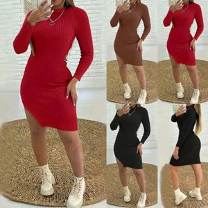 Women Sexy Long Sleeve Bodycon Dress Ladies Slim Party Plain Casual Mini Dress - Picture 1 of 14